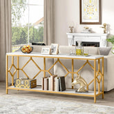 Extra Long White Gold Durable Marble 2 Tier Console Table - Decor Mantra