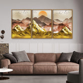 Golden Mountains and Birds Scenery Floating Canvas Wall Painting Set of Three - Decor Mantra