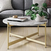 Minimalist Metal Center Table in Criss Cross Matte Finish Gold Base - Decor Mantra