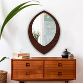 Modern Leaf Shape Designer Decorative Art Wooden Wall Mirror - Decor Mantra