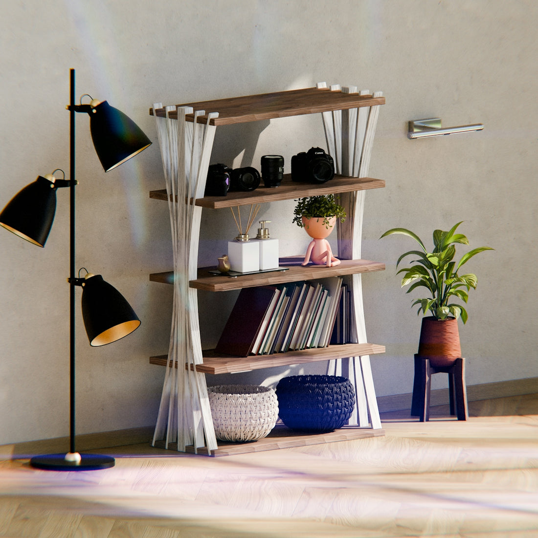 Modern bookshelf with decorative items and a floor lamp