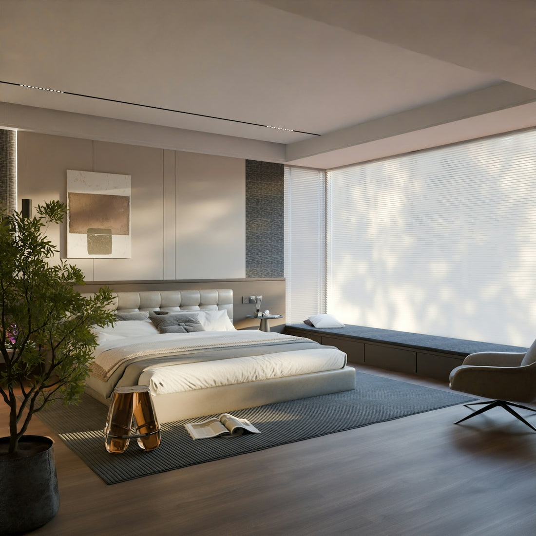 Modern bedroom with large window and plant