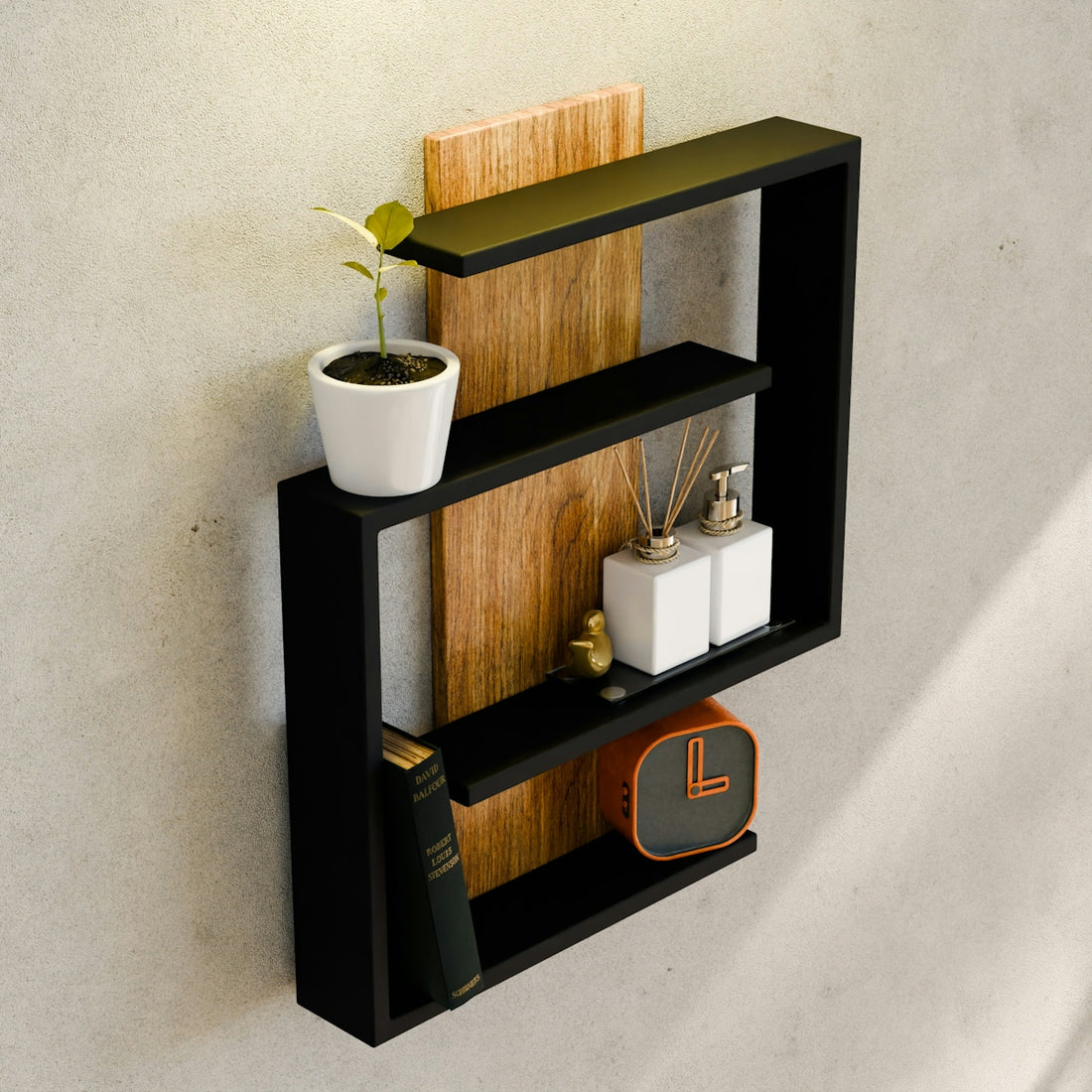 Modern black and wood wall shelf with decor
