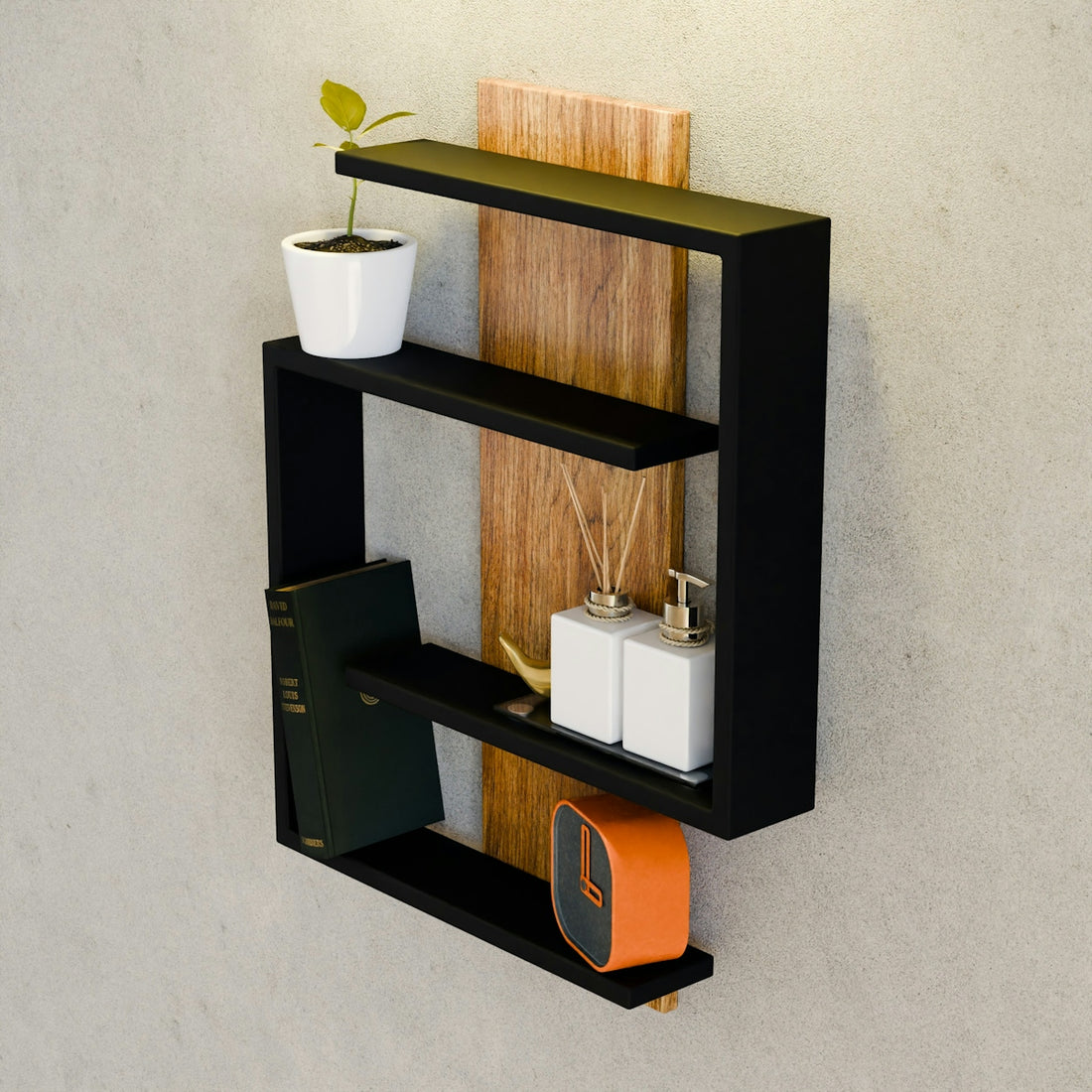 Modern black shelf with decor on wall