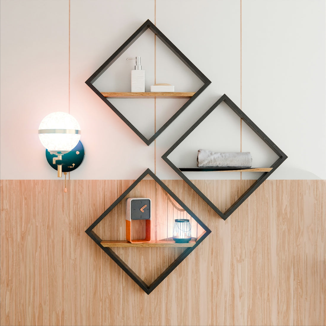 Three diamond-shaped shelves with decor on a wood-paneled wall