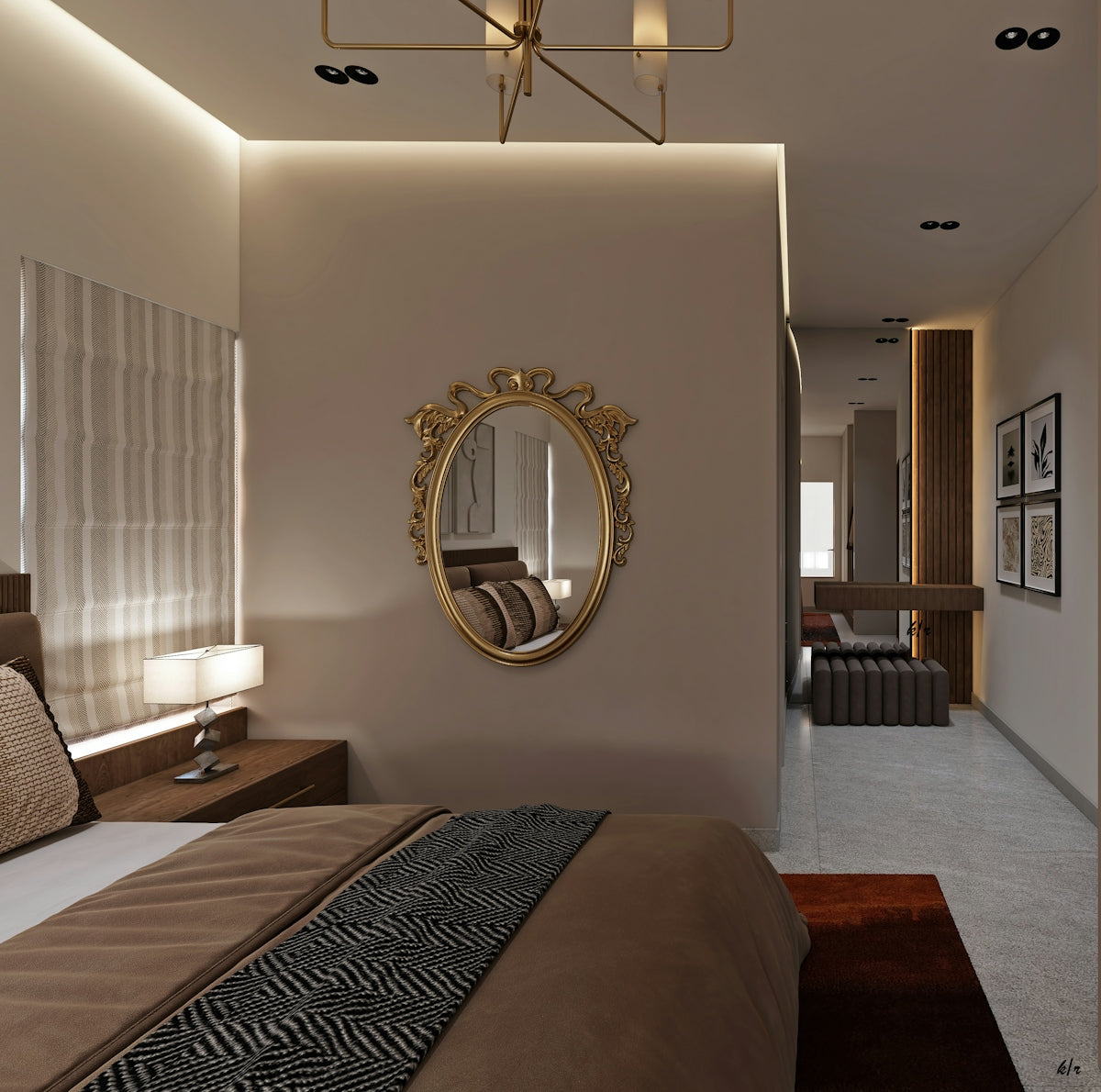 A modern bedroom with a bed, mirror, and elegant lighting