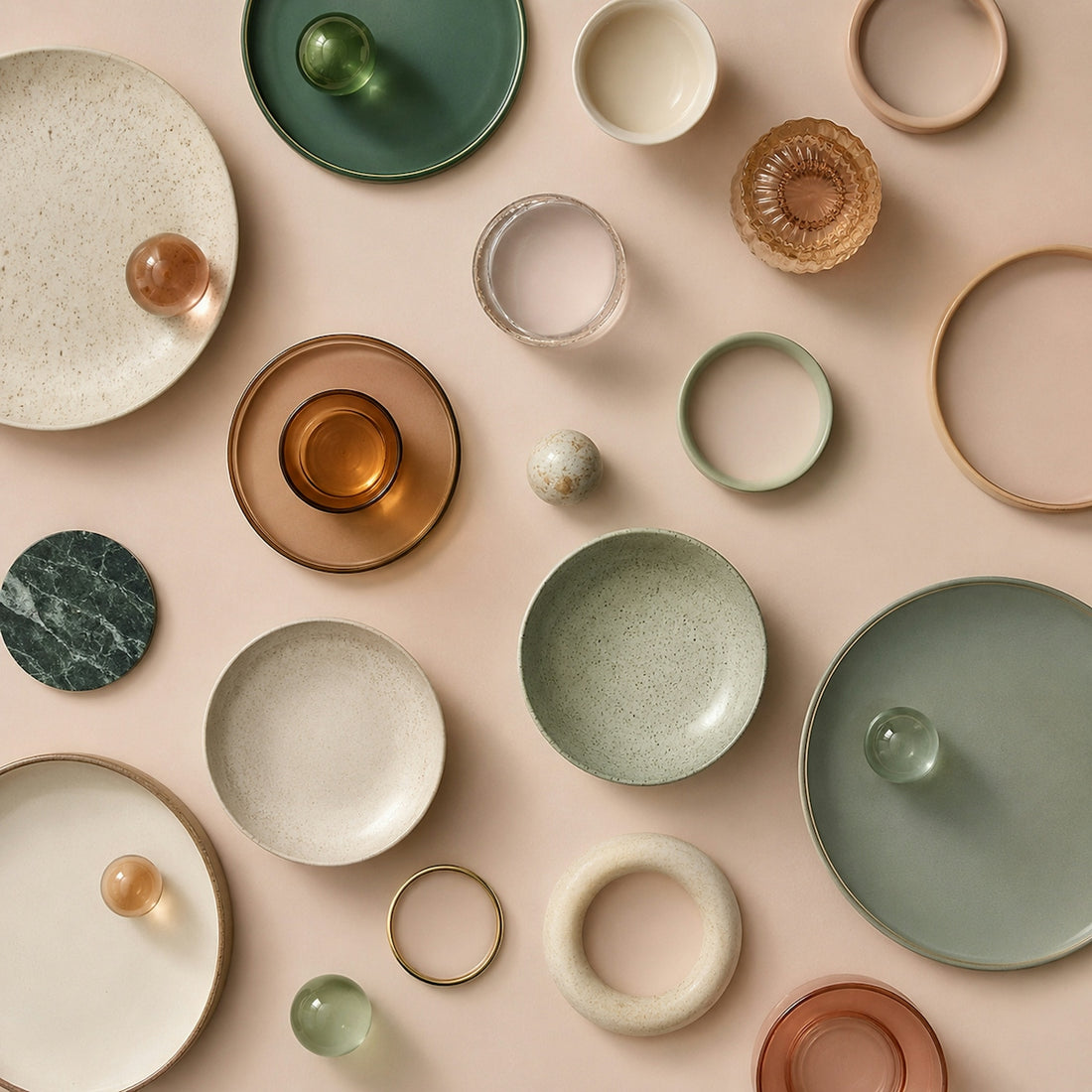 Various plates, bowls, and spheres arranged on a pink background.