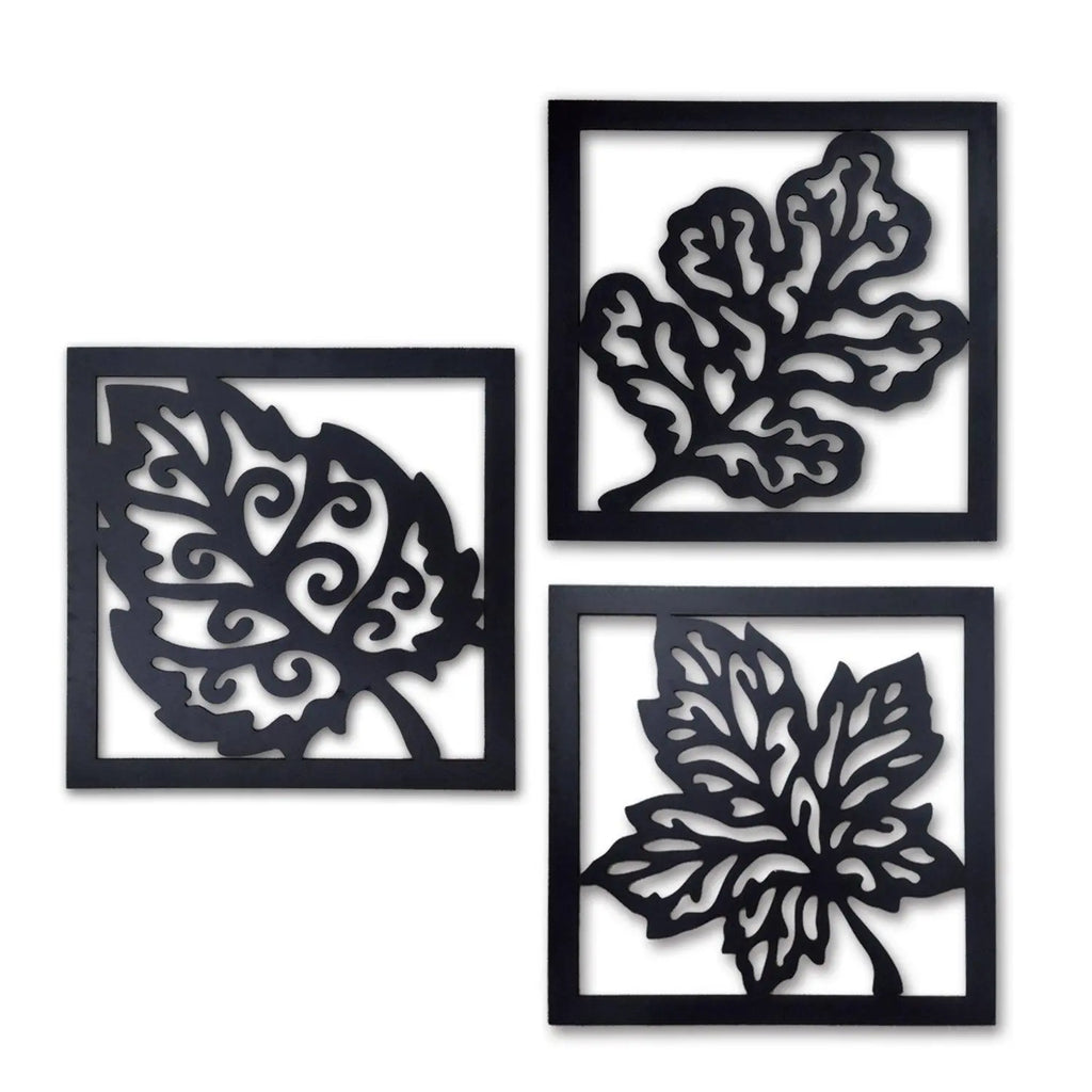 Wooden 3 Pieces Square Tree Leaf Wall Art Panel Frame - Decor Mantra 