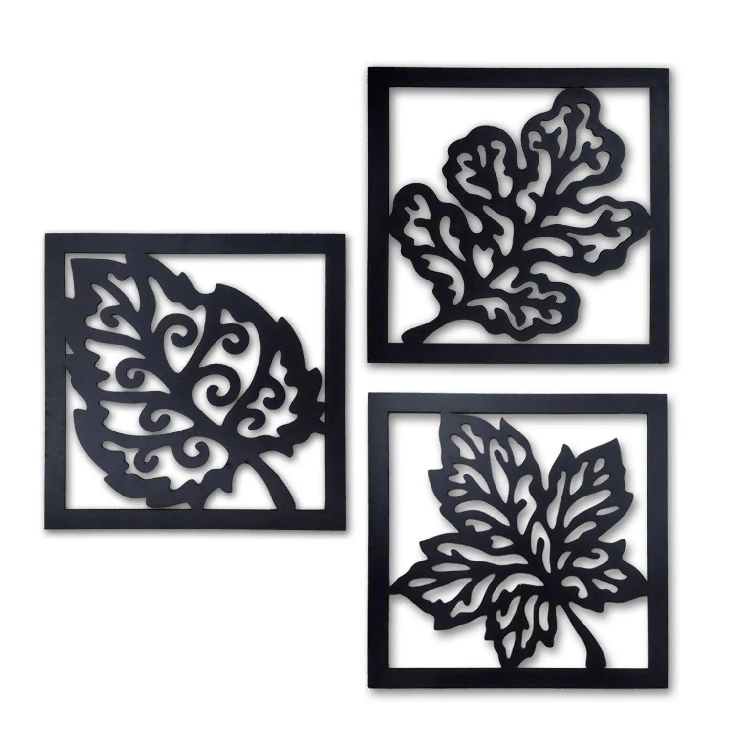 Wooden 3 Pieces Square Tree Leaf Wall Art Panel Frame - Decor Mantra 