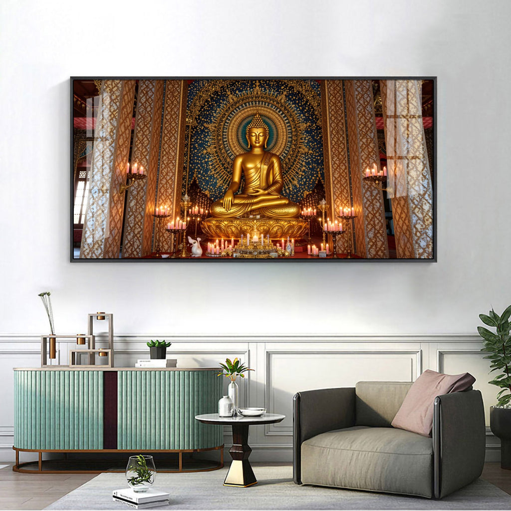 Buddha In Golden Incarnation Glass Finish Horizontal Wall Art