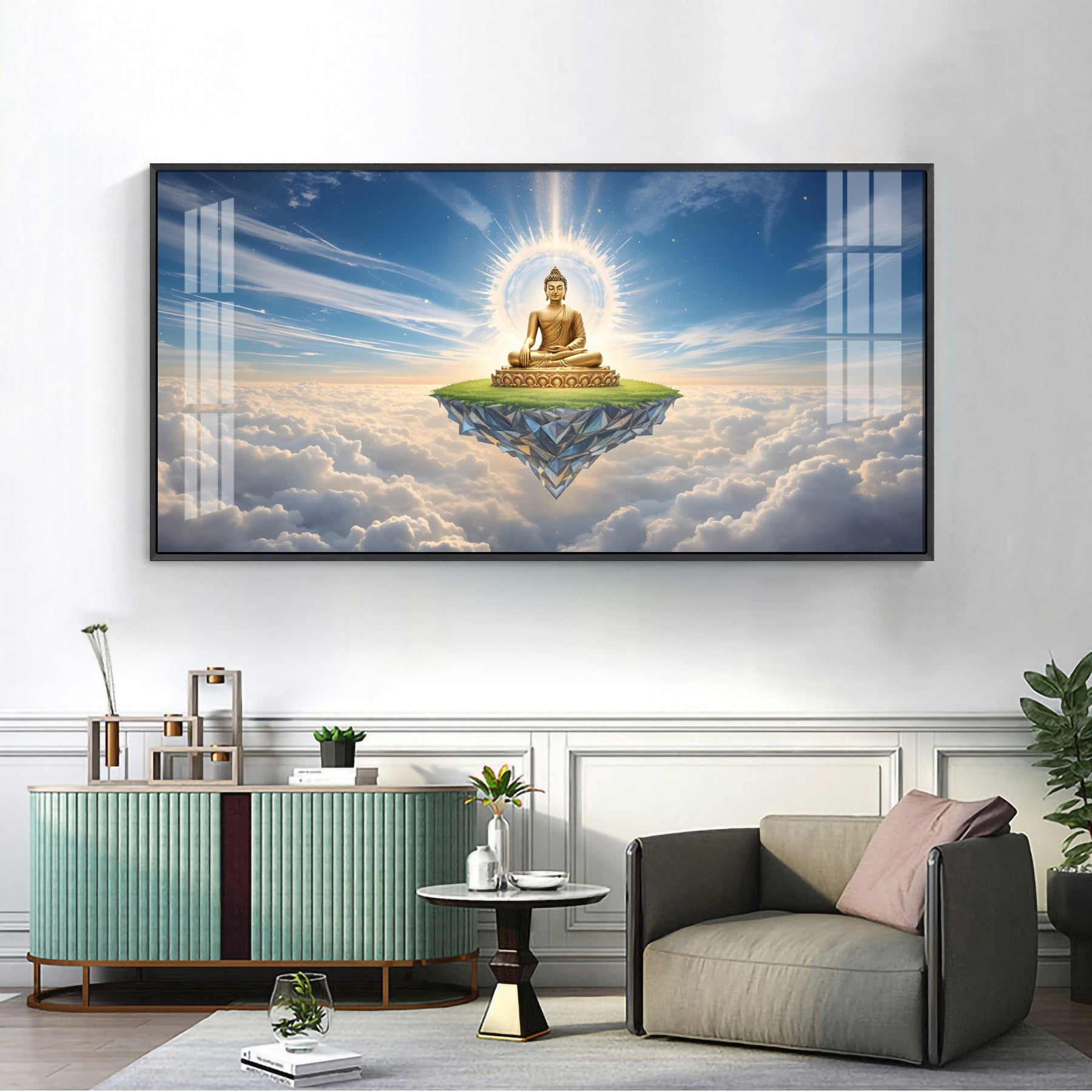 Majestic Buddha In Cloud Glass Finish Horizontal Wall Art