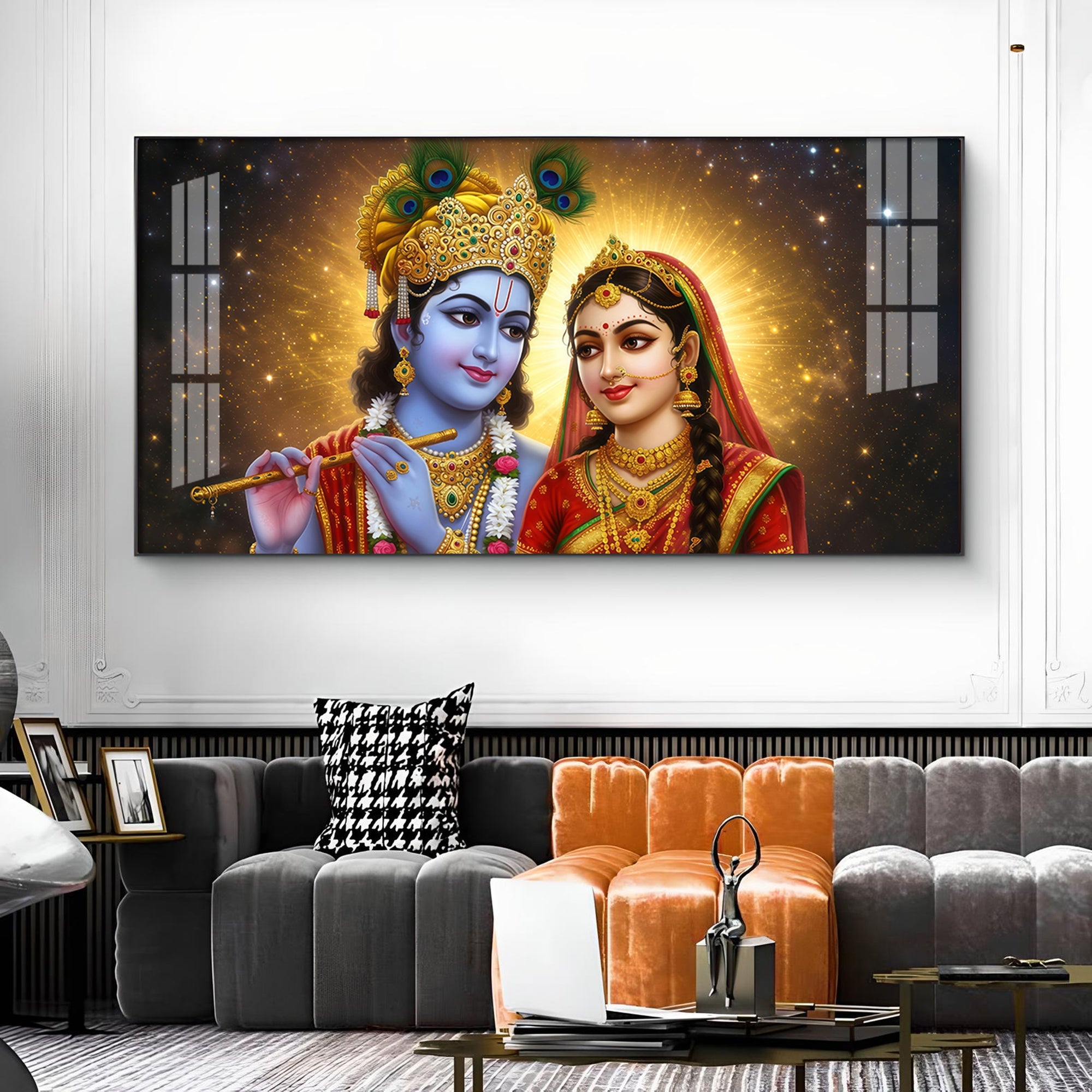 Sri Radhe Krishna Loving CHCm Glass Finish Horizontal Wall Art