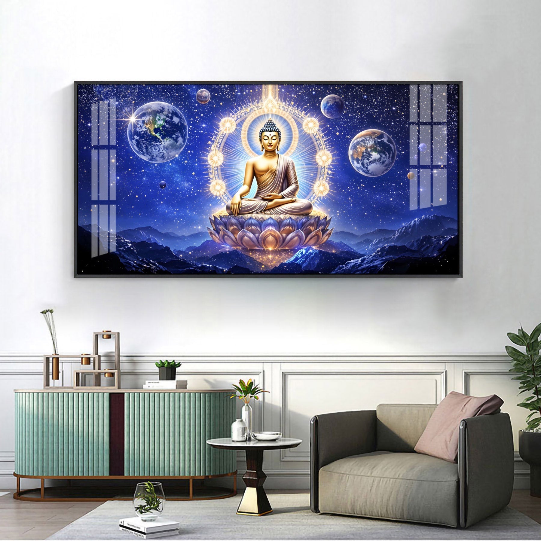 Illuminated Neon Buddha Glass Finish Horizontal Wall Art