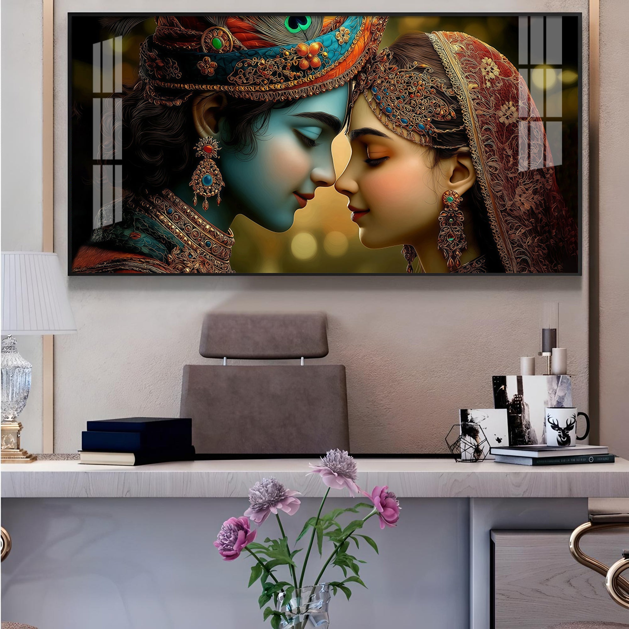 Beauty Couple Radha Krishna Glass Finish Horizontal Wall Art
