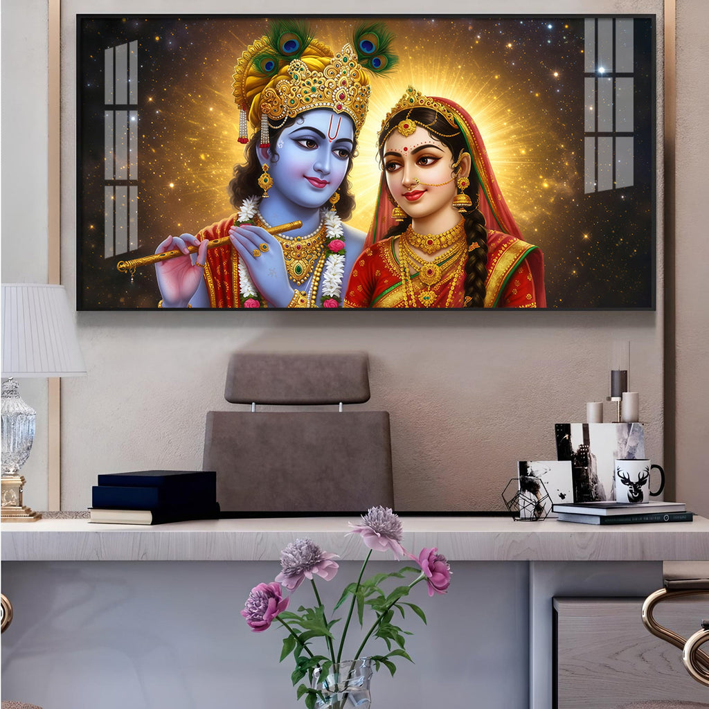 Sri Radhe Krishna Loving CHCm Glass Finish Horizontal Wall Art