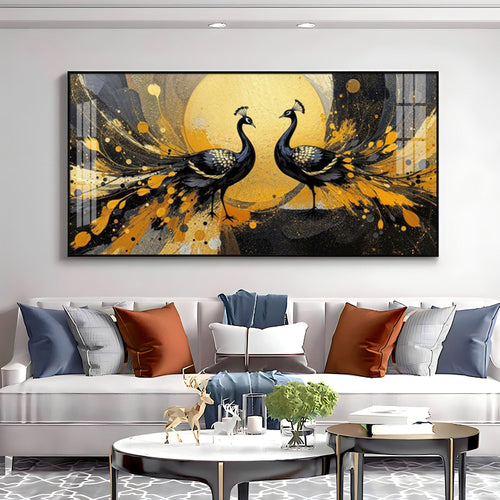 Abstract Two Peacock Looking Each Other Glass Finish Horizontal Wall Art