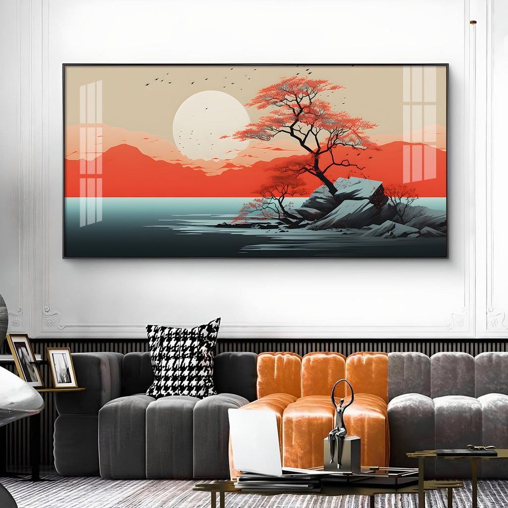 Sunrise In Red Mountain Glass Finish Horizontal Wall Art