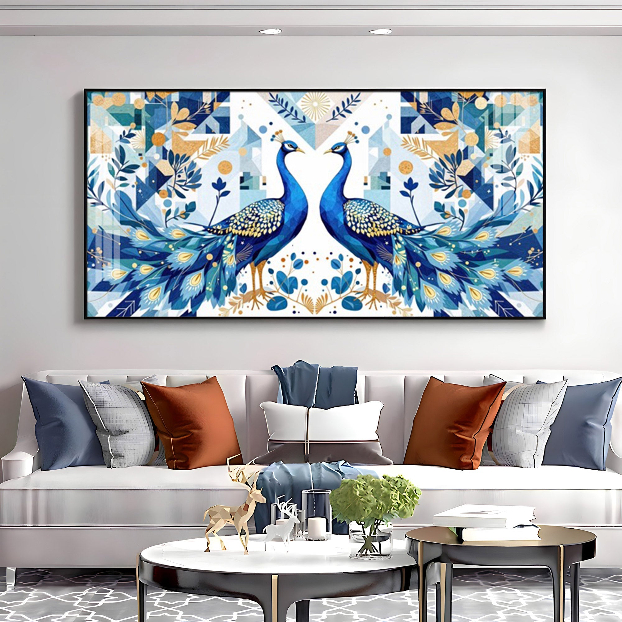 Two Peacock Looking Each Other Glass Finish Horizontal Wall Art