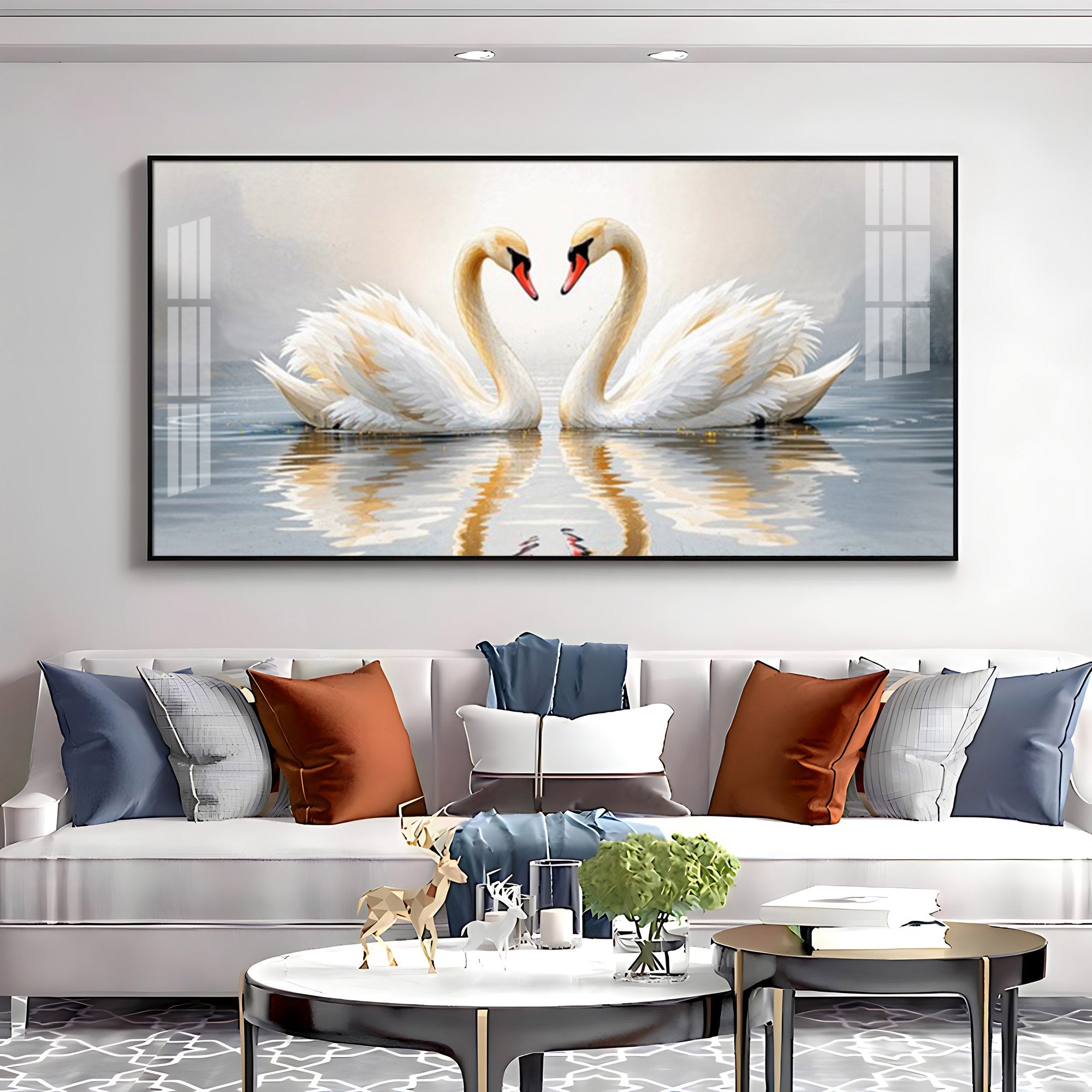 Two White Swan Glass Finish Horizontal Wall Art