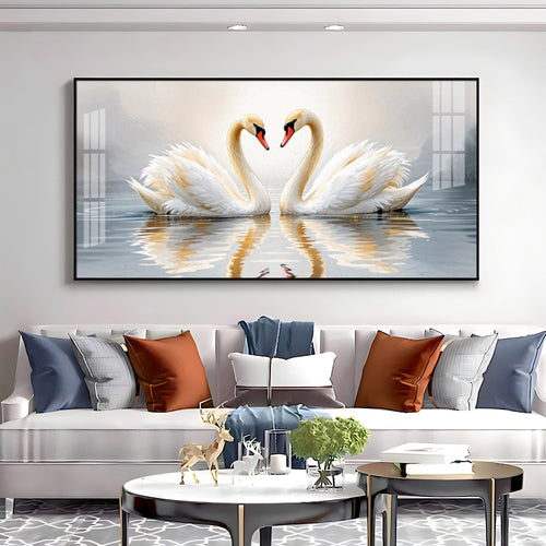 Two White Swan Glass Finish Horizontal Wall Art
