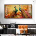 Two Peacock With Flower Background Glass Finish Horizontal Wall Art