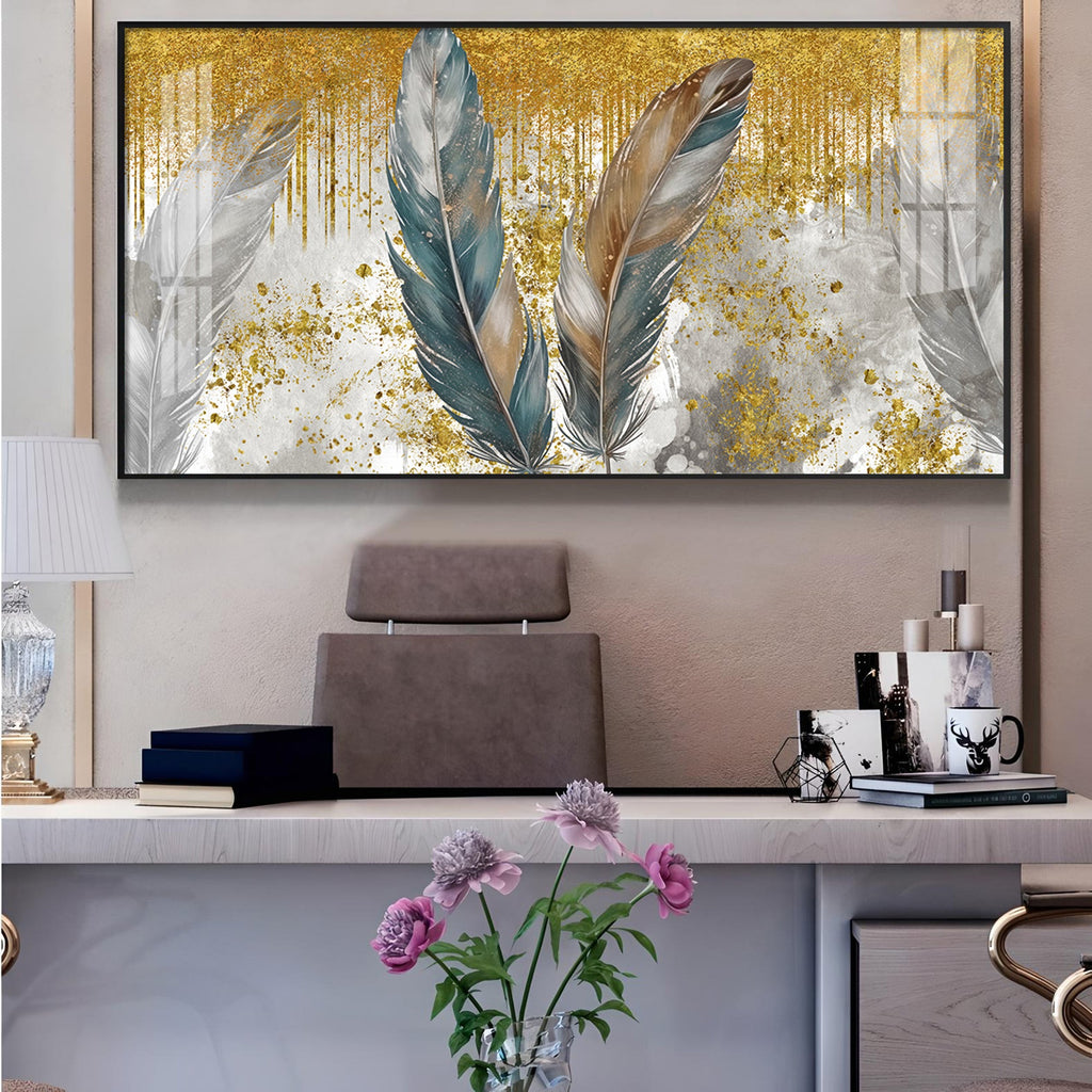 Feather HCmony Glass Finish Horizontal Wall Art