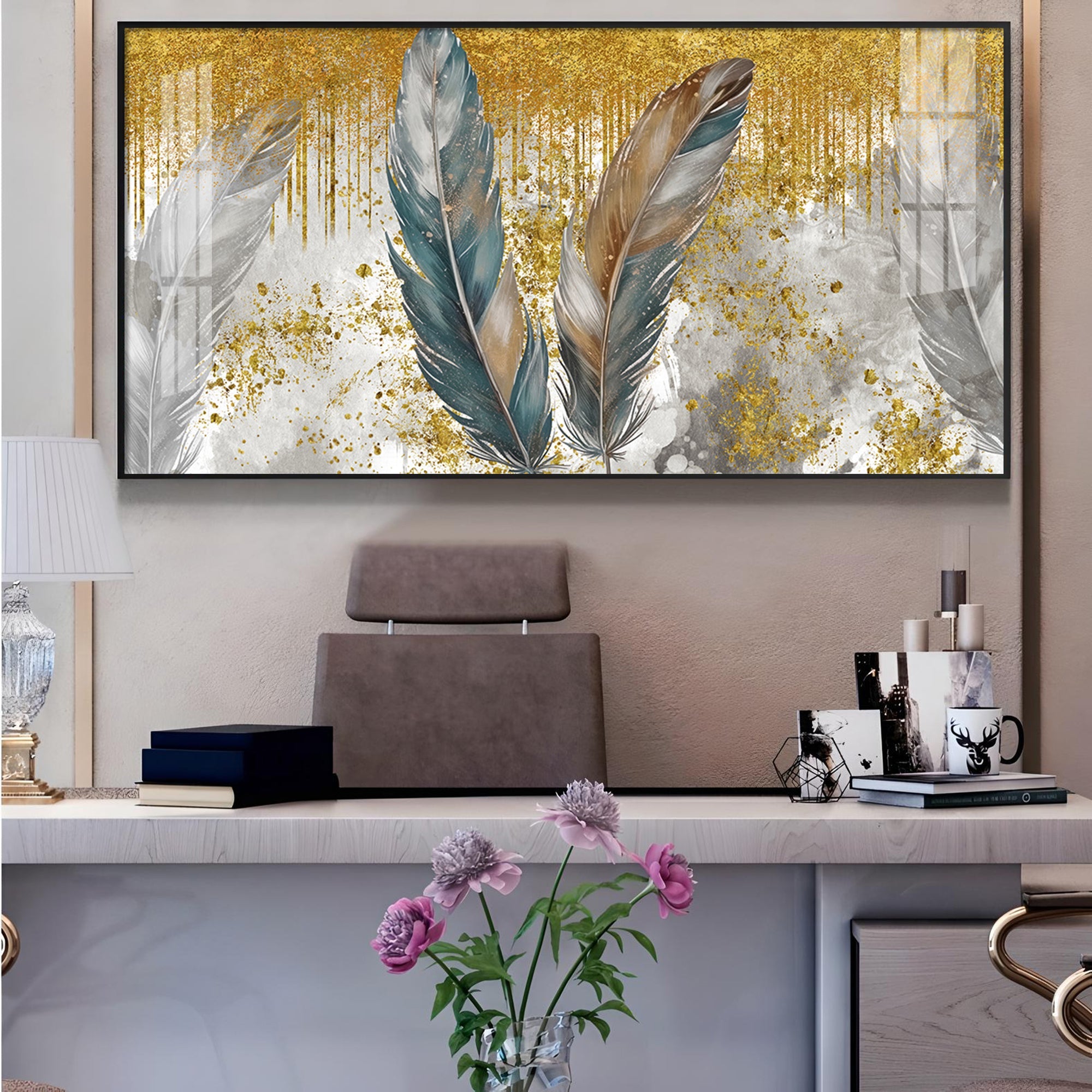Feather HCmony Glass Finish Horizontal Wall Art