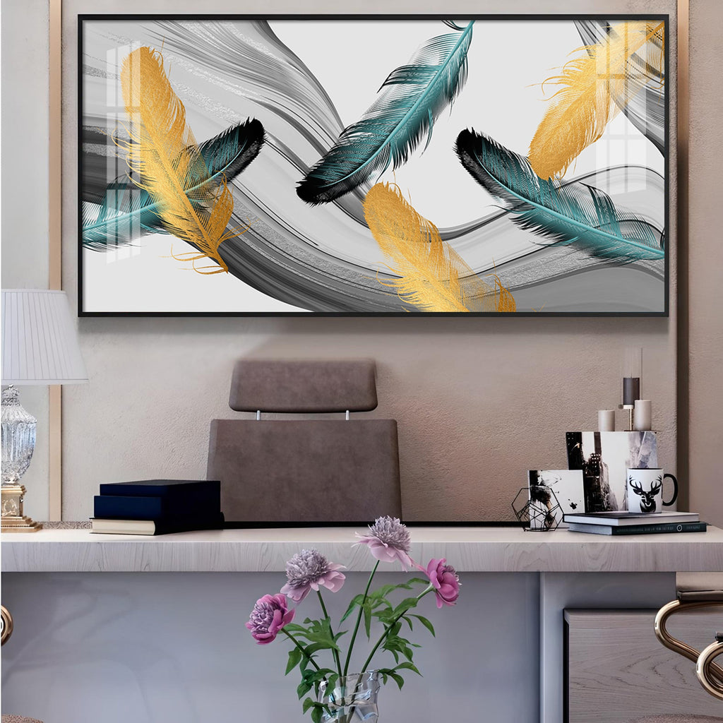 Ginkgo Leaf And Feather Glass Finish Horizontal Wall Art