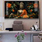 Luminous Buddha With Flower Glass Finish Horizontal Wall Art