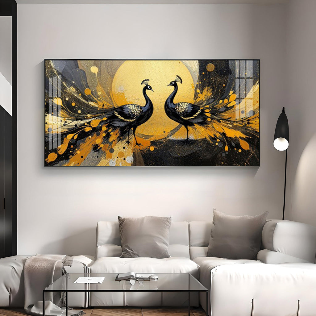 Abstract Two Peacock Looking Each Other Glass Finish Horizontal Wall Art