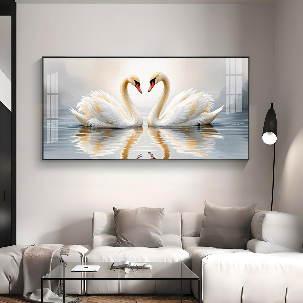 Two White Swan Glass Finish Horizontal Wall Art