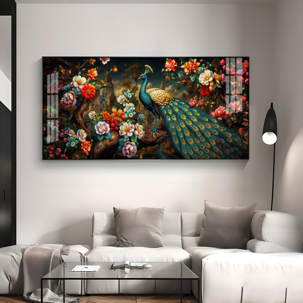 Peacock In Colorful Blossom Glass Finish Horizontal Wall Art