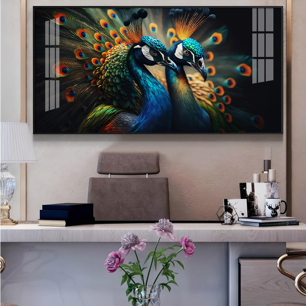Peacock Duo Glass Finish Horizontal Wall Art