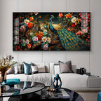 Peacock In Colorful Blossom Glass Finish Horizontal Wall Art