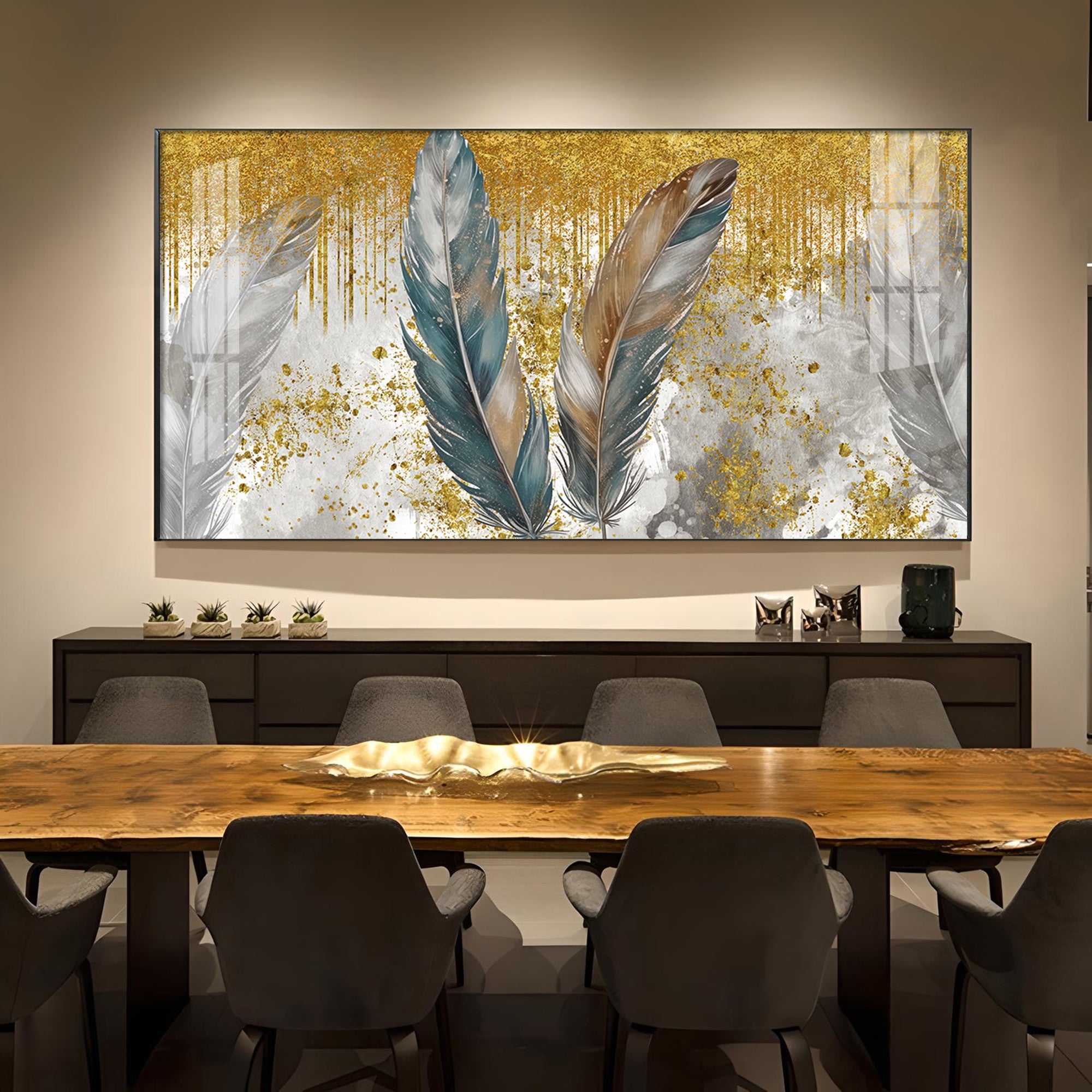 Feather HCmony Glass Finish Horizontal Wall Art