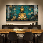 Golden Buddha With Lotus Glass Finish Horizontal Wall Art