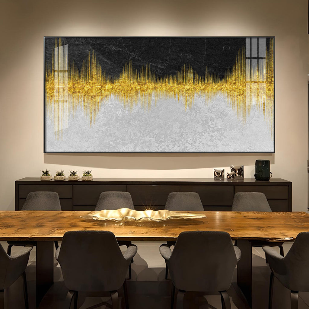 Abstract Marble Golden Black Glass Finish Horizontal Wall Art