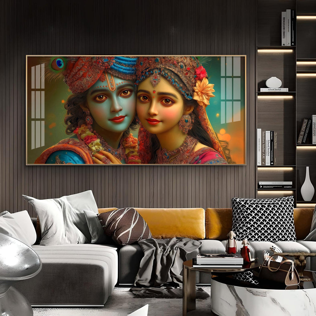 Lord Shri Radha And Krishna Loving Glass Finish Horizontal Wall Art