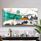 Geometric Abstract Art With Golden Texture Glass Finish Horizontal Wall Art