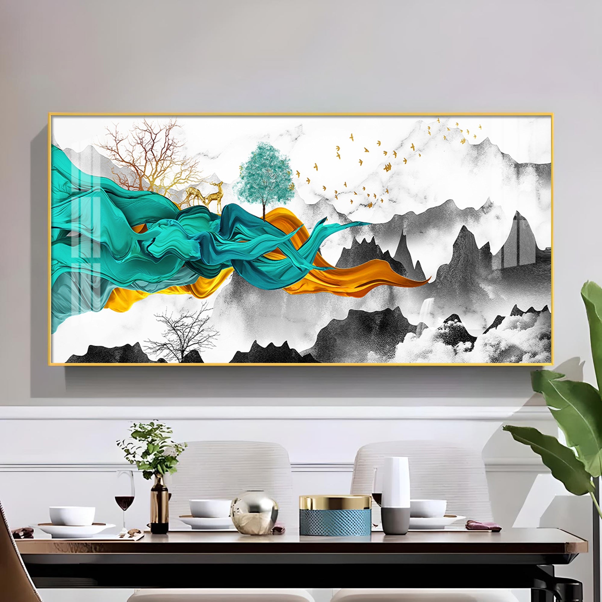 Geometric Abstract Art With Golden Texture Glass Finish Horizontal Wall Art