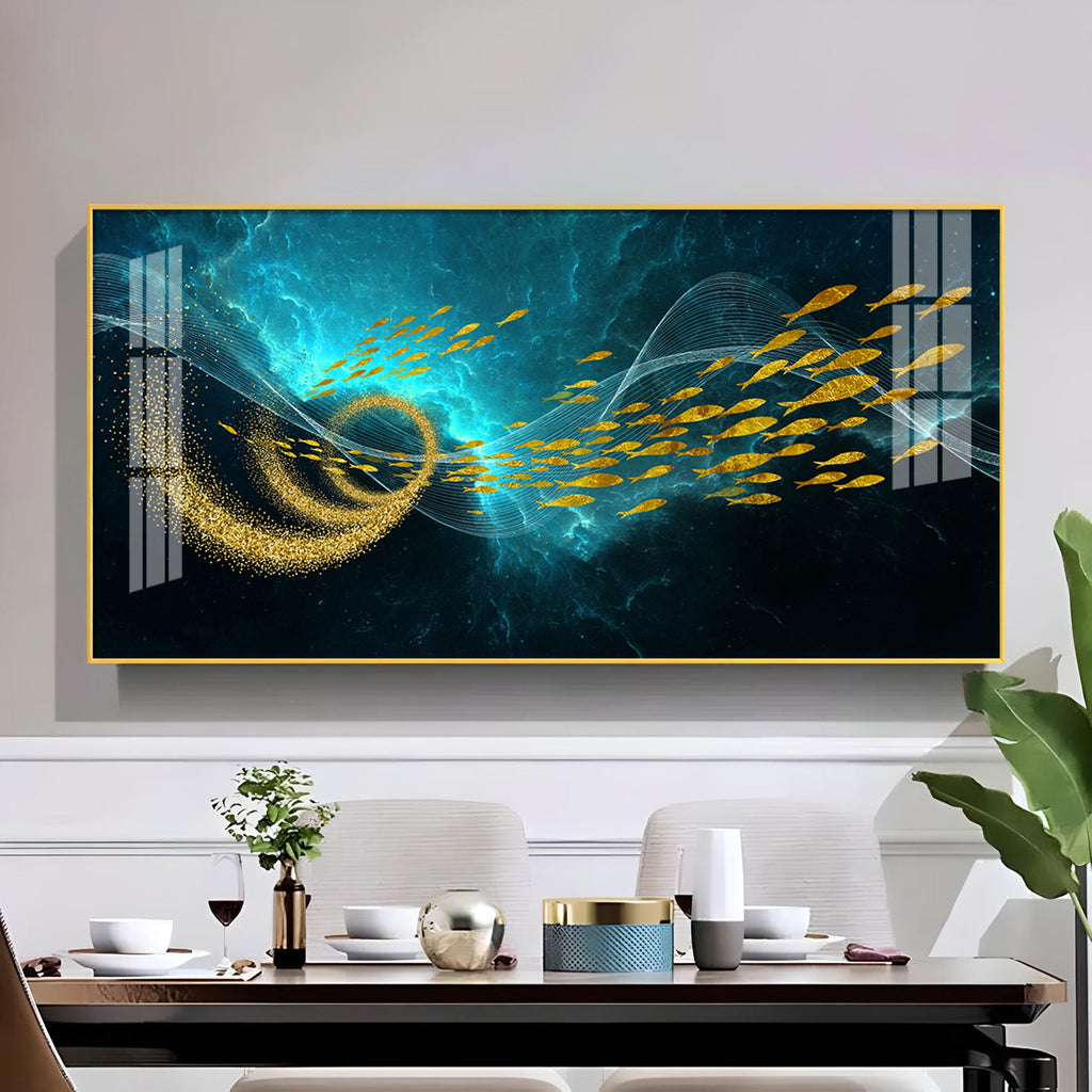 School Of Gold Fish Glass Finish Horizontal Wall Art