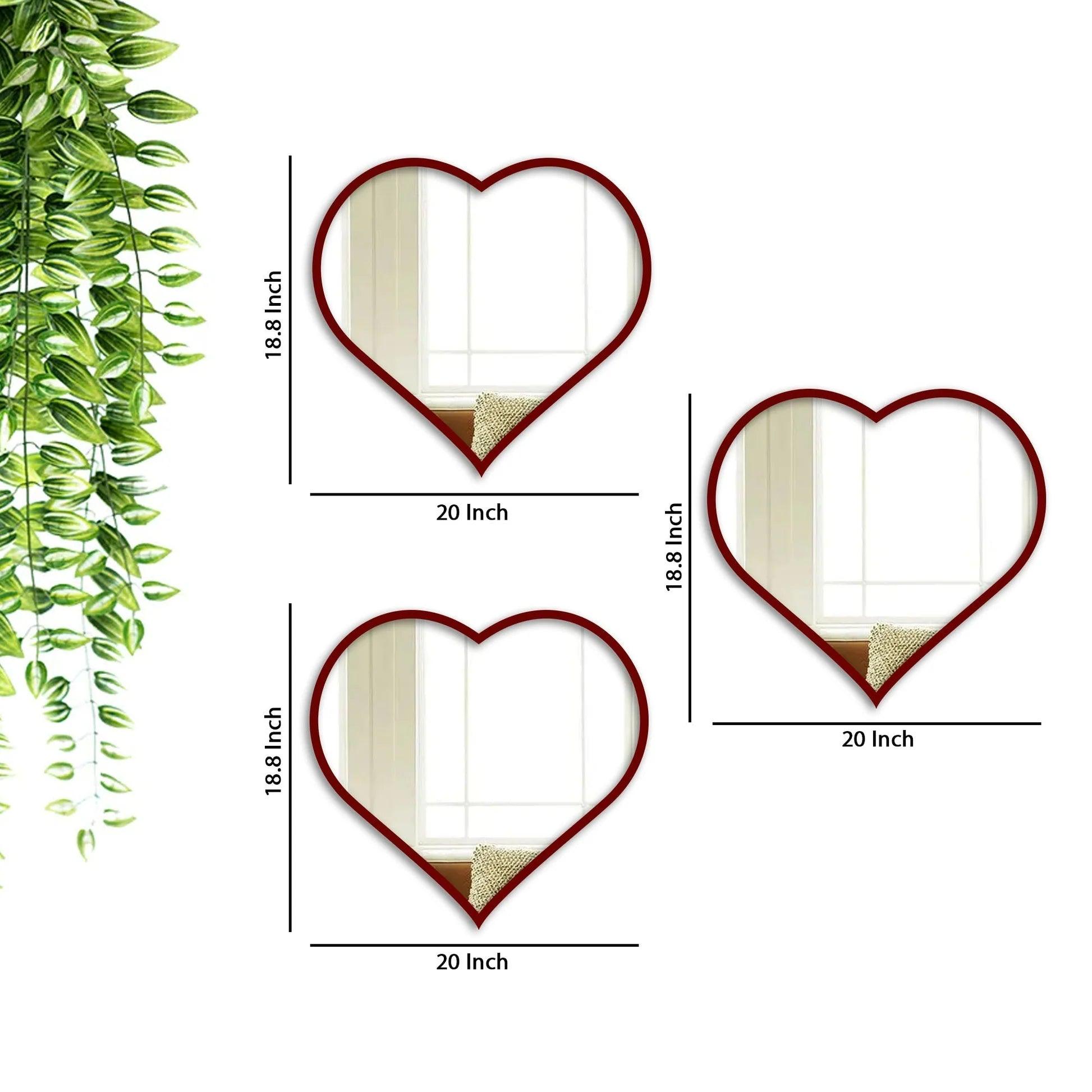Beautiful Atractive Heart Shape Mirror with Red Finish Frame Set of 3 - Decor Mantra 