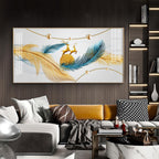 Golden Blue Feathers Glass Finish Horizontal Wall Art