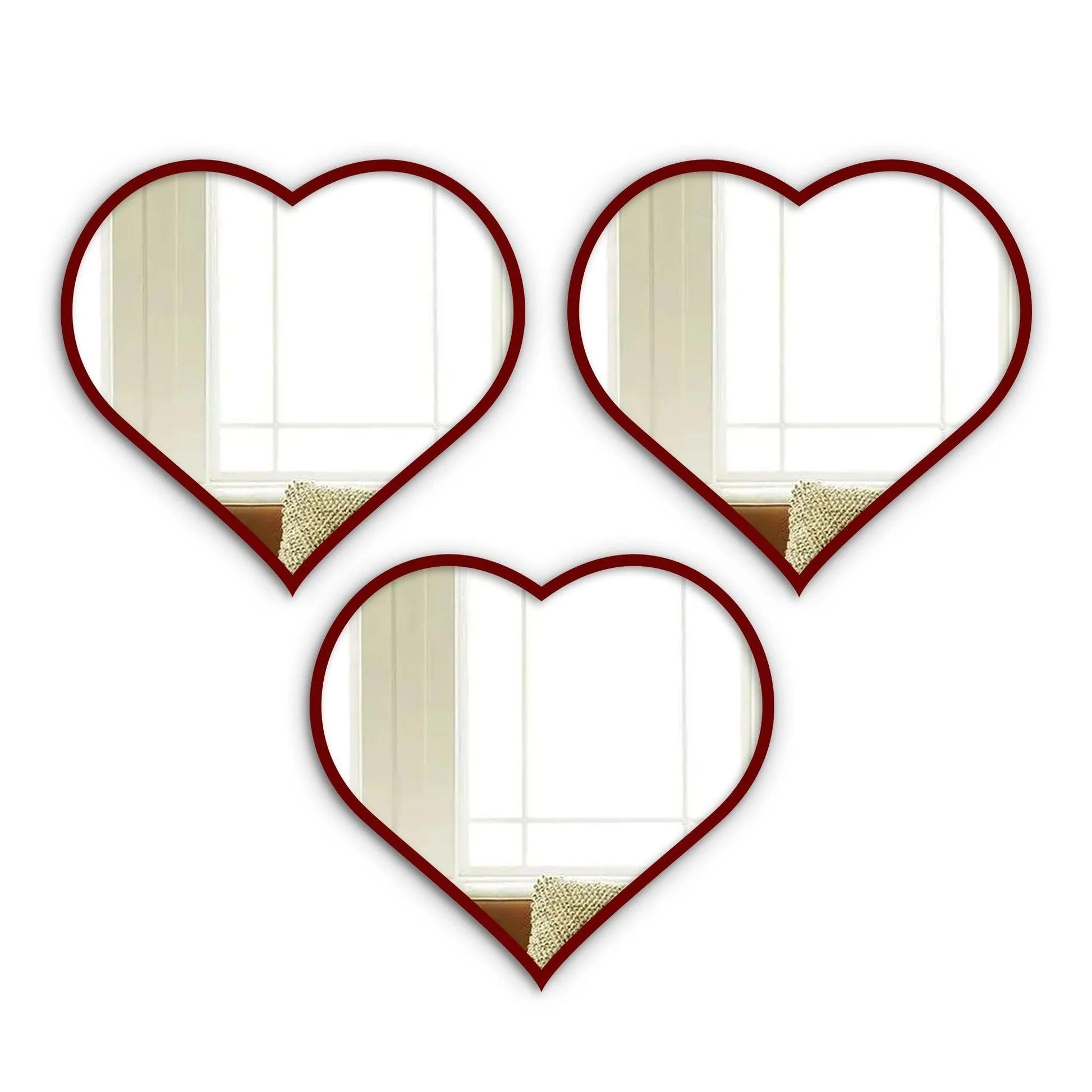 Beautiful Atractive Heart Shape Mirror with Red Finish Frame Set of 3 - Decor Mantra 