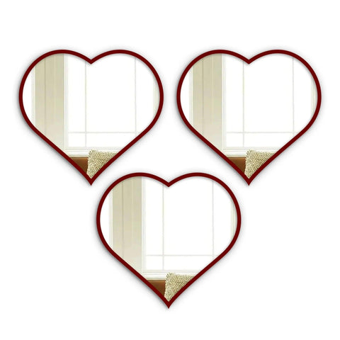 Beautiful Atractive Heart Shape Mirror with Red Finish Frame Set of 3 - Decor Mantra 