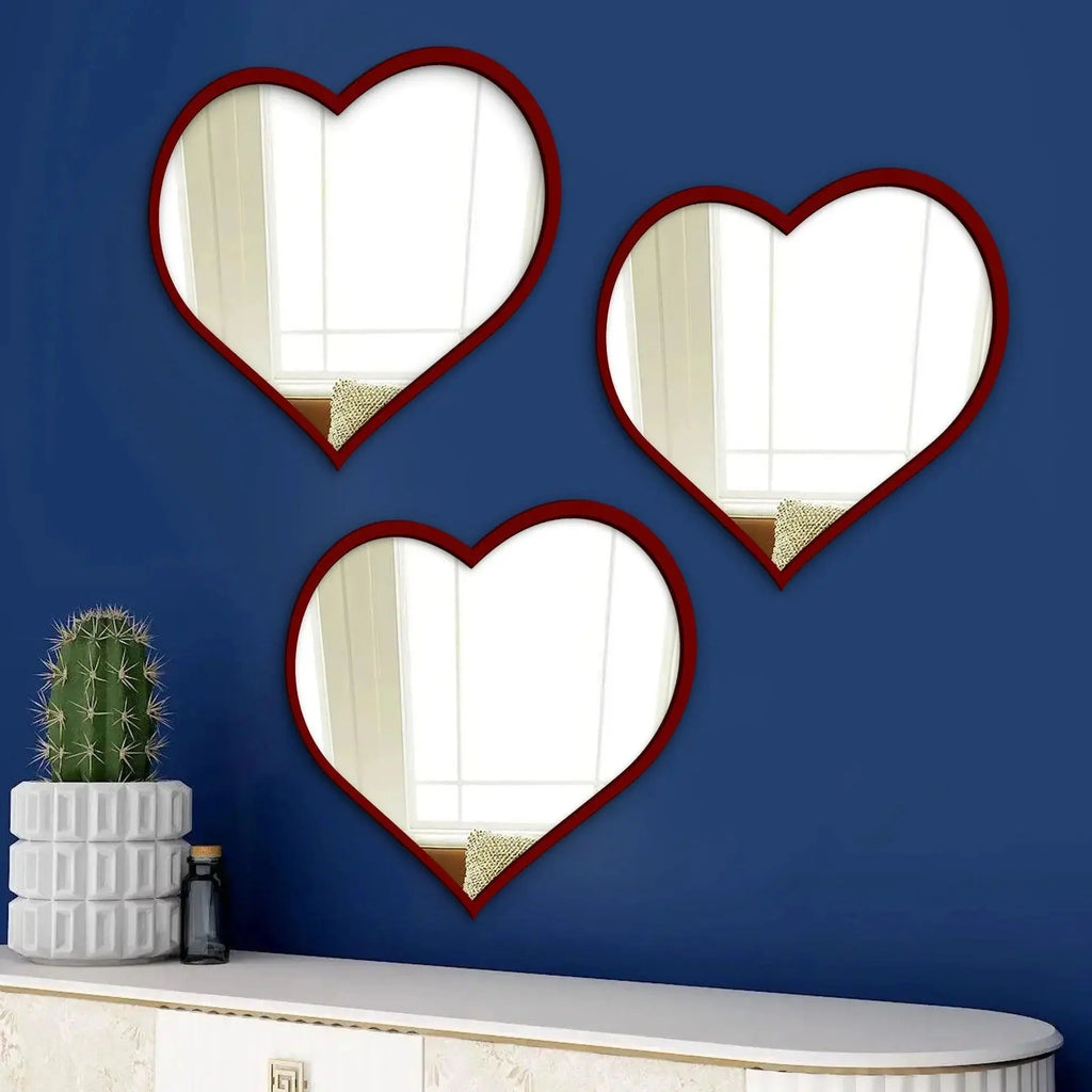 Beautiful Atractive Heart Shape Mirror with Red Finish Frame Set of 3 - Decor Mantra 