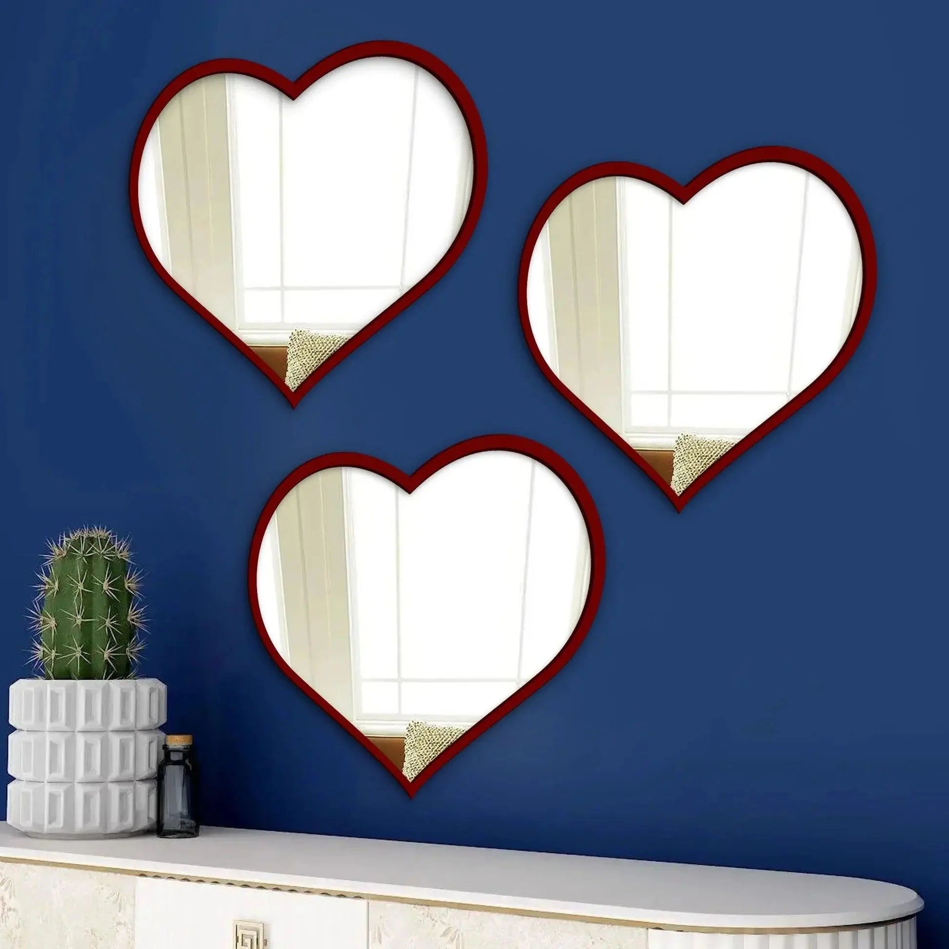 Beautiful Atractive Heart Shape Mirror with Red Finish Frame Set of 3 - Decor Mantra 