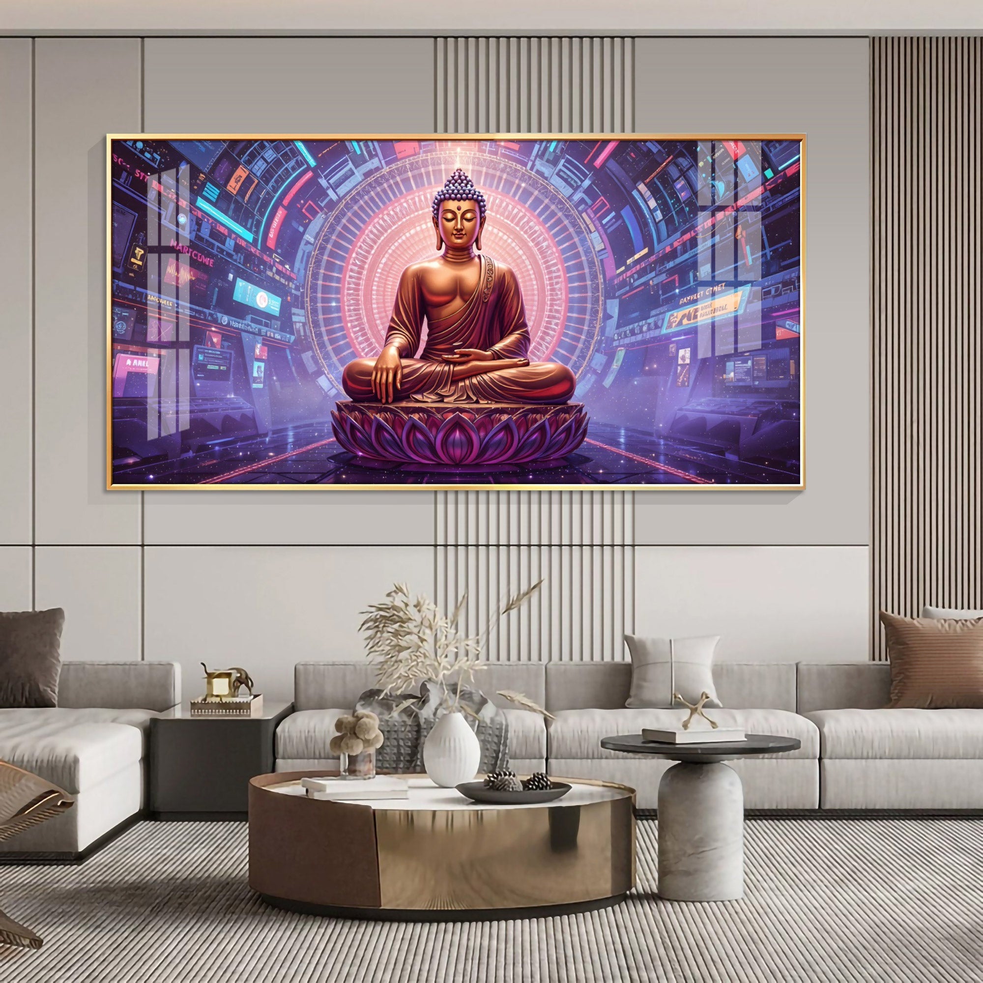 Abstract HCmony Of Buddha Glass Finish Horizontal Wall Art