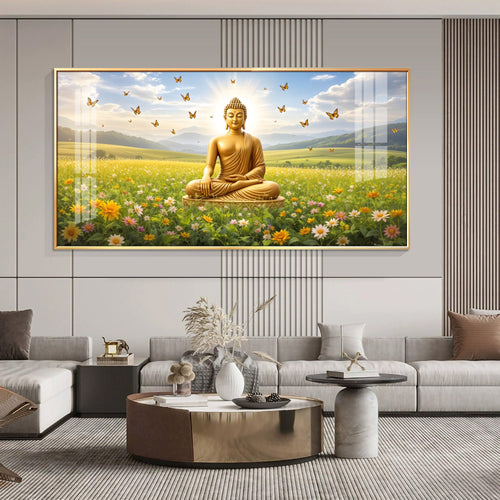 Buddha In Peaceful Nature Glass Finish Horizontal Wall Art