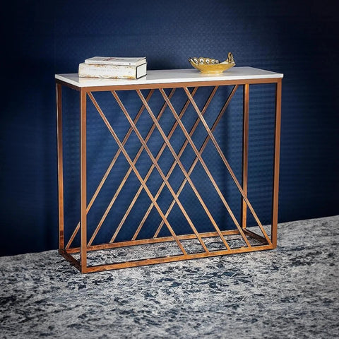 Unique Pattern Console Table with Copper Metal Finish